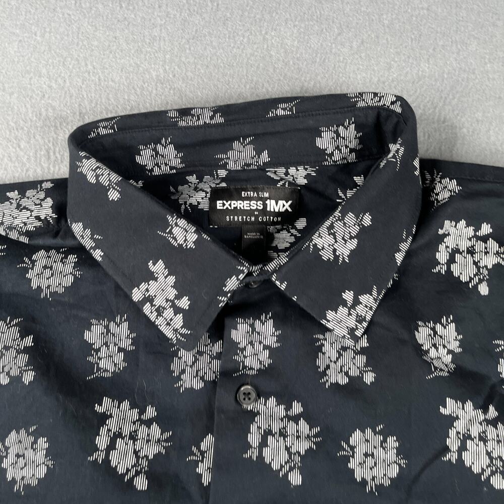 Express 1MX Shirt XL Black Floral Extra Slim Stretch Button Up Long Sleeve Mens - Picture 3 of 11